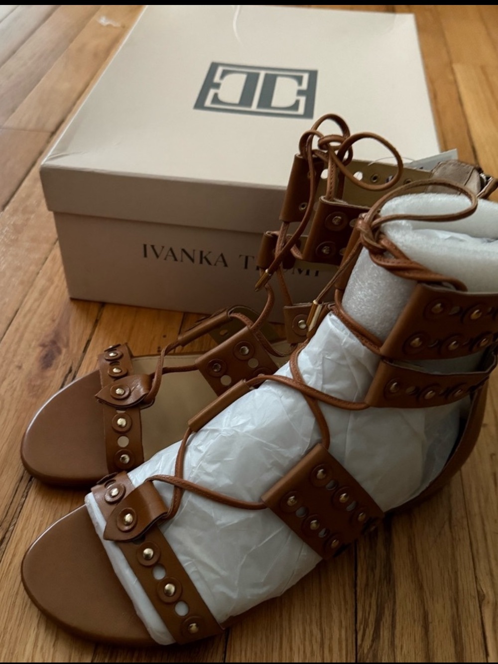 Ivanka Trump Cognac Studded Gladiator Sandals